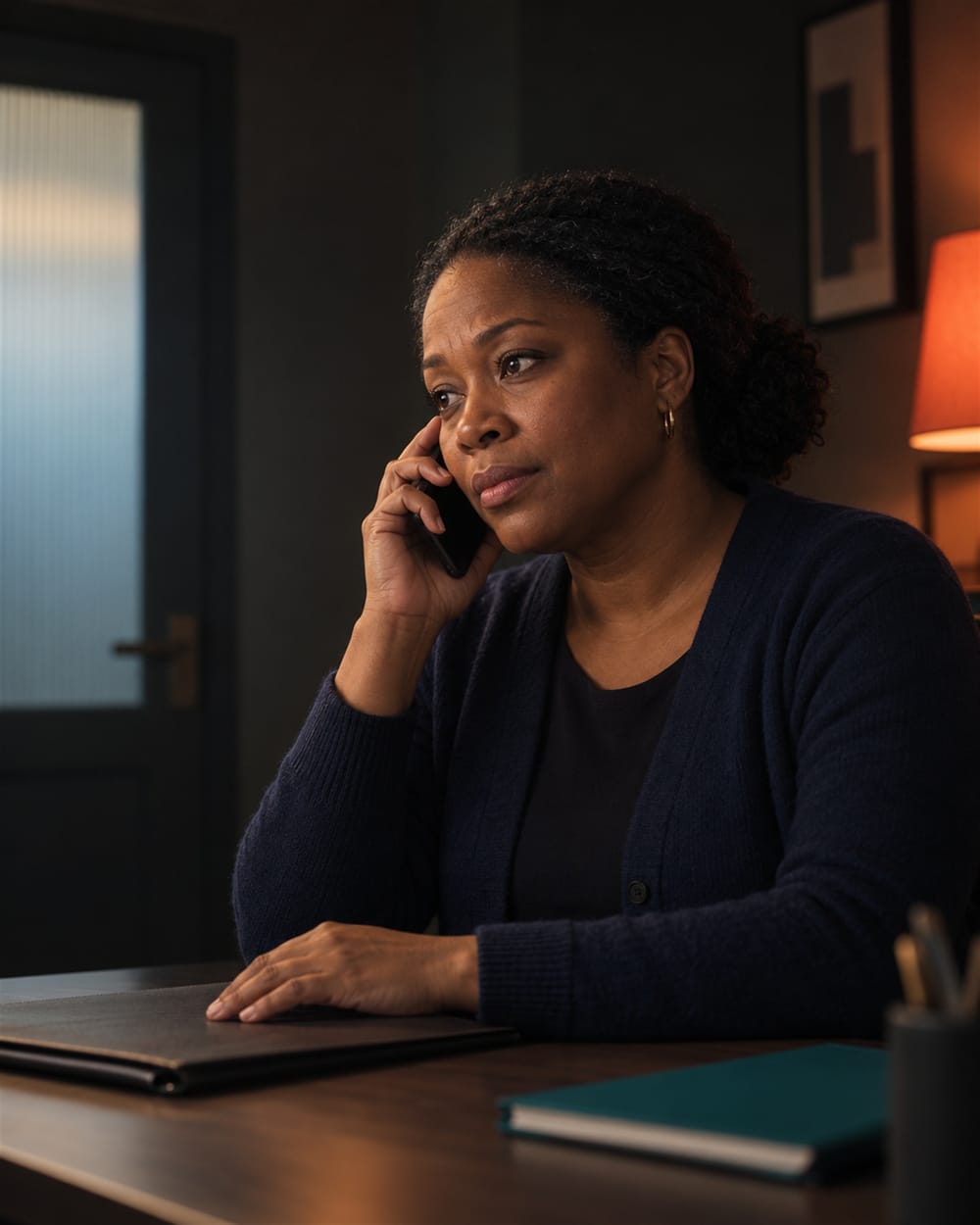 An HR partner listening carefully on a phone call